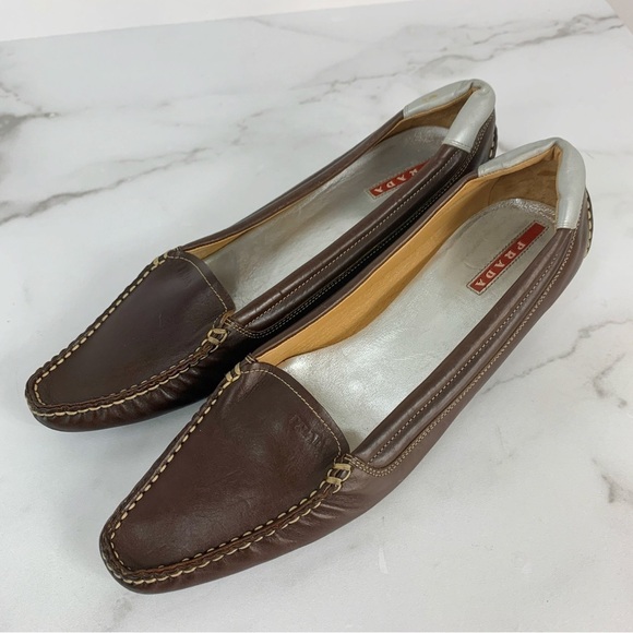 PRADA Brown Leather Retro Y2K Designer Loafer Kitten Heels Pumps 38.5 - Picture 1 of 14